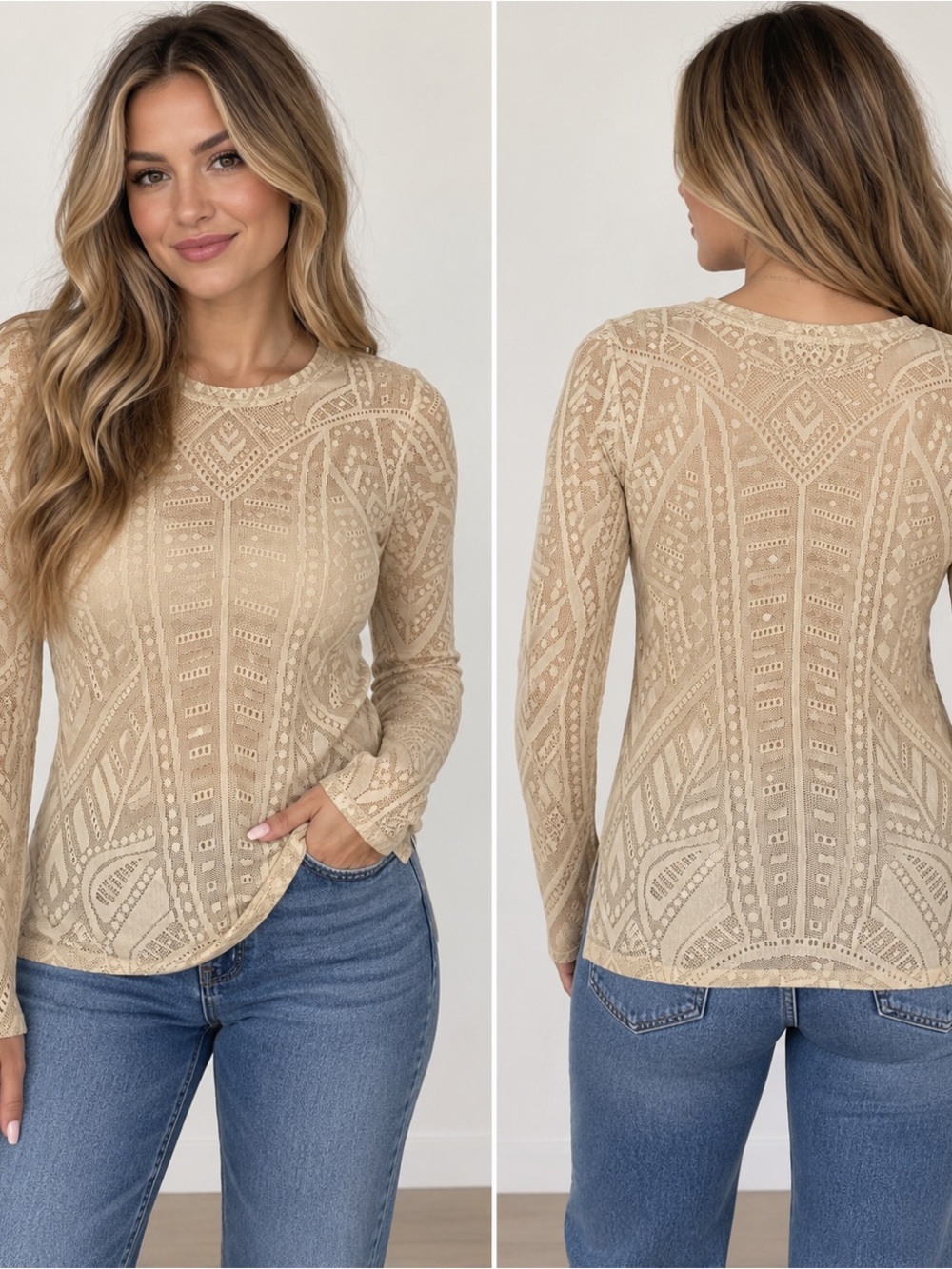BCBGMaxAzria Beige Lace-Pattern Long Sleeve Top